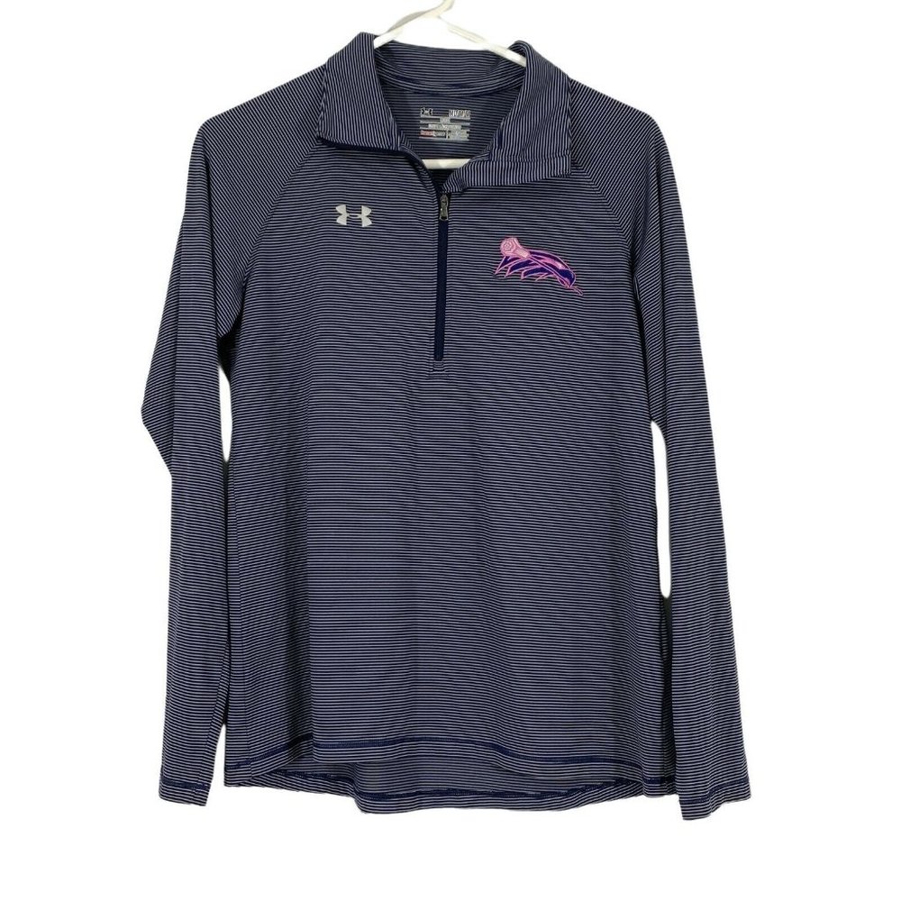 Under Armour Heat Gear Womens Blue Striped 1/4 Zip Long Sleeves T Shirt Size M